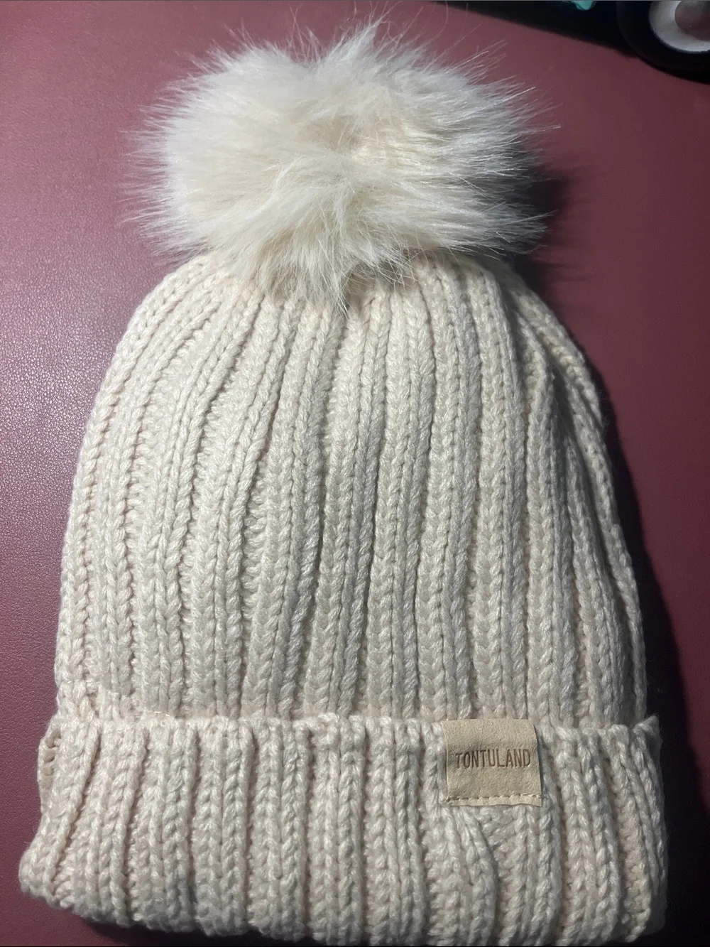 Cream Faux Fur Pom Knit Beanie NWOT